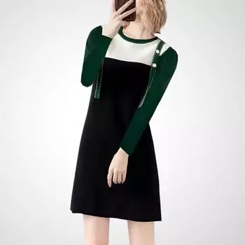 Fashion Classy Niche Design Slimming Dress Color matching Black + White (Long sleeves) M