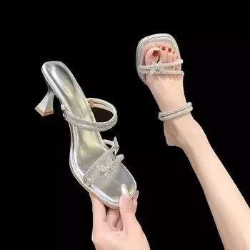 fashion Clear Crystal Slippers Fairy 2024 Summer New Heels French Rhinestone Skirt Slippers 35 бежевый