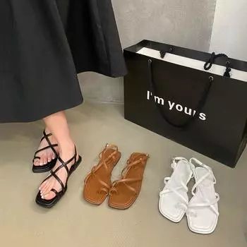 fashion Clip Toe Women Sandals Narrow Band Hollow Sexy Summer Dress Shoes Flat Heels Back Strap Fashion Outside Mules Shoes Woman 35-39 5.5 чёрный