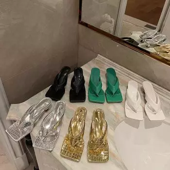 fashion Clip Toe Women Slippers Fashion Flip Flops Fashion Thin Mid Heels Shallow Summer Gold Silver Outside Party Pumps Size 35-39 5.5 чёрный