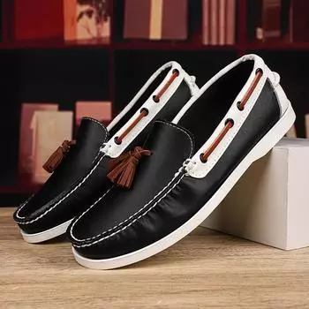 Fashion Color Matching Mens Summer Loafers Handmade Male Casual Slip on Flats New Trendy Boat Shoes Leisure Walk Business Dress Footwear 39 чёрный