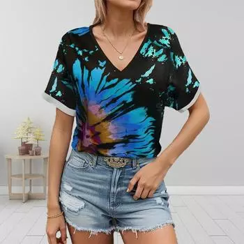 Fashion Colorful Leaves Printing Blouses Short Sleeve V-Neck T Shirts Casual XS синий