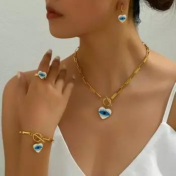 Fashion Commuter Love Design Necklace Earrings Bracelet Niche Devil s Eye Oil Drip Ring Versatile Jewelry Set