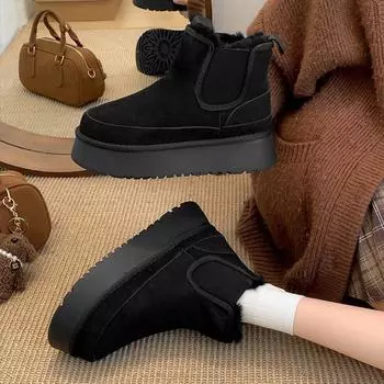 Fashion commuter retro brown platform snow boots women s 2025 new winter velvet thickened warm cotton shoes 35 чёрный