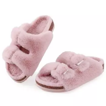 Fashion Comwarm Fluffy Fuzzy Slippers Women Winter Fur Fluffy Sandals With Double buckle Indoor Outdoor Open Toe House Flat Fur Slides 36(22cm) белый
