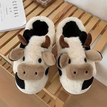 Fashion Comwarm Women s Cute Milk Cow Furry Slippers Winter Warm Plush Lined Non-slip House Slipper Female Fur Fluffy Casual Flat Slides 36-37