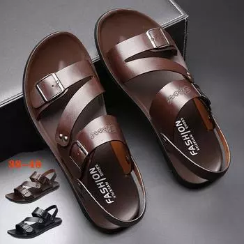 Fashion Concise Men Sandals Leather Men s Slippers Quality Outdoor Beach Shoes Summer Comfort Shoes for Men 2024 New Slippers Sandalias 38 коричневый