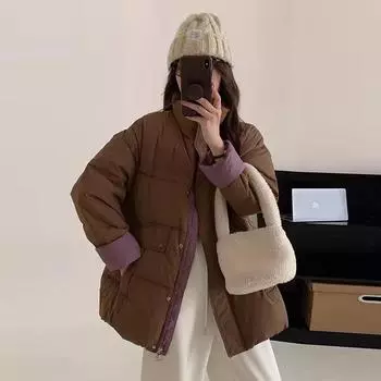 Fashion contrasting color short down jacket women s 2024 winter new stand-up collar thickened white duck down turned sleeve warm jacket large size S хаки