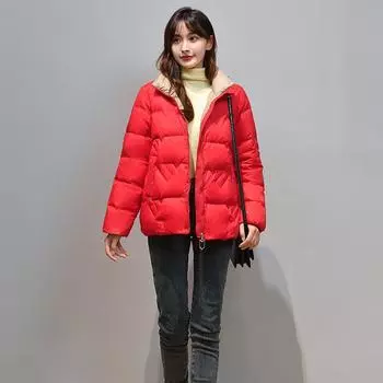Fashion contrasting down jacket women s short 2024 winter stand-up collar thickened warm white duck down jacket jacket M красный