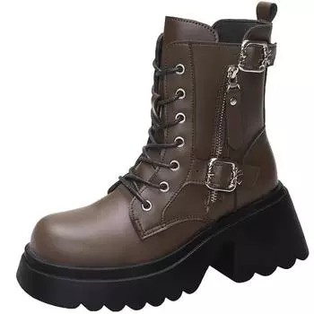 Модные классные ботинки на шнуровке в британском стиле для женщин, осенние, новые, на толстом каблуке, с толстой подошвой, с пряжкой на ремне и шнуровкой спереди, кожаные короткие ботинки 34 бежевый