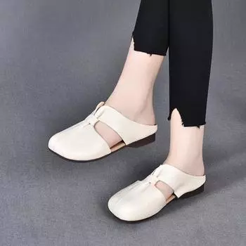 Fashion cool slippers summer new wear solid color one-word single shoes bag head side empty flat slippers 35