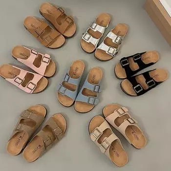 Fashion Cork Women Sandals New Soft Sole Suede Mules Slippers with Arch Support House Open Toe Flats Outdoor Beach Slide Shoes 35 чёрный
