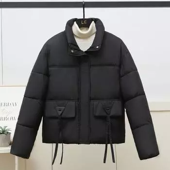 МОДА хлопковая подкладкаженская зимняя новая 2024 года, маленький короткий воротник-стойка, утолщенная хлопковая подкладкаженская мода, свободный пух, хлопок, модная одежда M чёрный