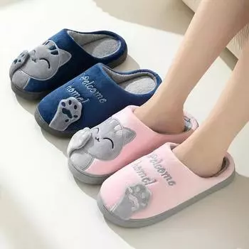 Fashion Cotton Slippers Women s Autumn/Winter New Cartoon Lucky Cat Korean Version Cute Warm Indoor Home Warm Slippers Pantuflas Mujer 35-36 серый