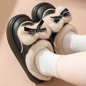 Fashion Cotton Slippers Women Winter Waterproof Warm Fur Slippers Cute Bow Thick Sole Slippers Indoor House Closed Toe Warm Home Shoes 36-37 хаки