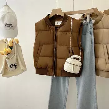 FASHION cotton vest women s 2024 autumn and winter new short fashion baseball collar solid color versatile thin cotton vest Clothes M белый