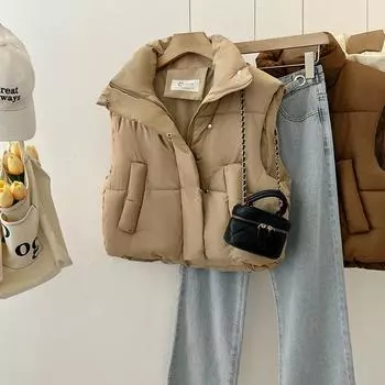 FASHION cotton vest women s 2024 winter new short stand-up collar outer wear small thickened bread clothes vest jacket Clothes M чёрный