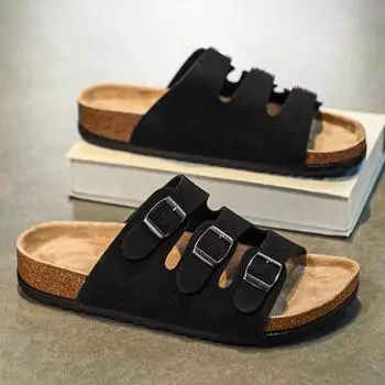 Модные летние качественные тапочки для пар на открытом воздухе для мужчин и женщин, модные сандалии, пляжная обувь на толстой подошве, нескользящие легкие кожаные сандалии 35 чёрный