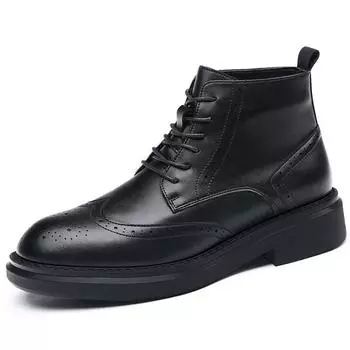 Fashion Cow Leather High-soled Brock High-top Boots for Men Autumn Winter Fleece Warm Ankle Boots Male Fashion Casual Platform Shoes Man 38