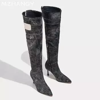 fashion Cowboy Women High Boota Pointed Toe Sexy High Heels Shoes Elegant Woman 2024 Trend Winter Chelsea Boots Pumps New Mujer Botas 35 темно-синий