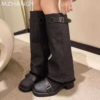 fashion Cowboy Women High Boots Mid Heels Designer Shoes Woman 2024 Trend Fashion New Chelsea Boots Pumps Winter Punk Motorcycle Boots 35