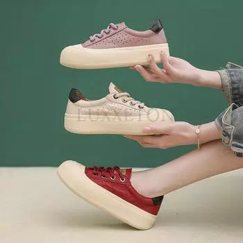 Fashion Cowhide Retro Sneakers for Women Spring Summer Thick Bottom Casual Vulcanized Shoes Genuine Leather Small White Shoes 35 красный