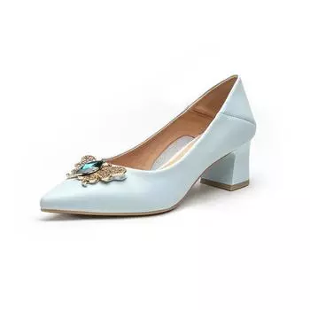 Fashion Cowhide Women s Shoes Rhinestone Metal Buckle High Heels Soft Comfortable Leather 34 небесно-голубой