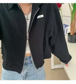 МОДА Укороченные куртки женские на молнии шикарные уличные однотонные свободные женские студенческие женственные пальто Harajuku базовые модели для студентов Ulzzang S чёрный