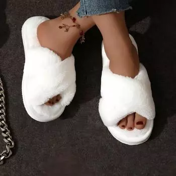 Fashion Cross Strap Fur Slippers Women Indoor Light Warm Plush Home Slippers Woman Faux Fur Flat Heel Couple Slides Plus Size 43 36-37 кофейный