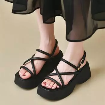 Fashion Cross Strap Platform Sandals for Women Summer Thick Bottom Gladiator Shoes Woman Casual Non-Slip Wedge Sandalias Planas 35 бежевый