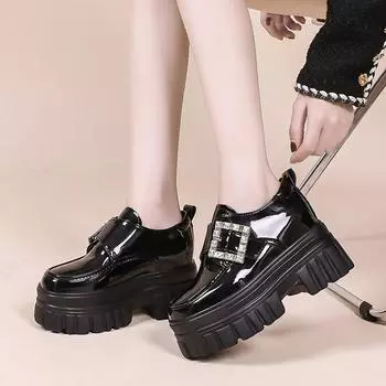 Fashion Crystal Buckle Small Leather Shoes Women s new British Style Black JK Uniform Shoes girls students Retro high heels Oxford shoes 3.5 чёрный
