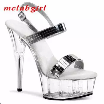 Модные танцевальные босоножки с кристаллами и пайетками на высоком каблуке для показа моделей на сцене, каблук 15 см, платформа 5 см, YKC 34 чёрный