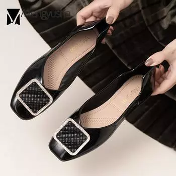 Fashion Crystal Metal buckle flats woman japanned leather shoes women moccasins ladies shoes office square toe loafers big size 35-43 5 абрикосовый
