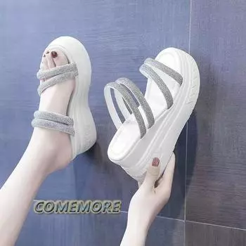 Fashion Crystal One Strap Slippers Bling Round Toe Luxury Women s Shoes 2024 New Platform Wedge Sandals Casual Outside Black Solid Sexy 34