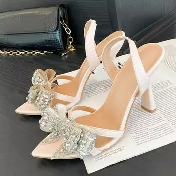 Fashion Crystal Rhinestone Bowknot Pointed Open Toe Back Strap Sandals Women Pink High Heels Wedding Prom Shoes Size 35-41 35 белый
