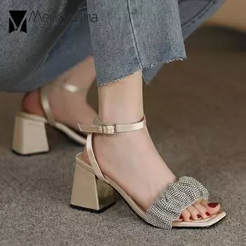 Fashion Crystal Sandals Women Slingback Buckle Strap Silk Shoes Narrow Ankle Band Gladiator Sandalias Femme Thick High Heels Summer 5