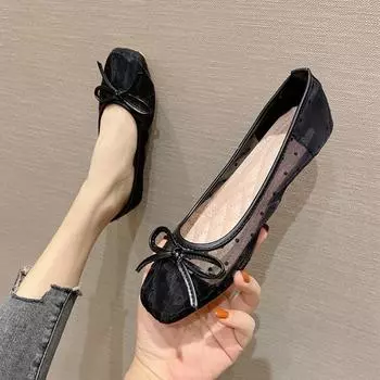 Fashion Cute Black with Bow Low Heel Elegant Kawaii Shoes for Women 2024 Ladies Summer Footwear Square Toe Lastest Spring Stylish Casual 35