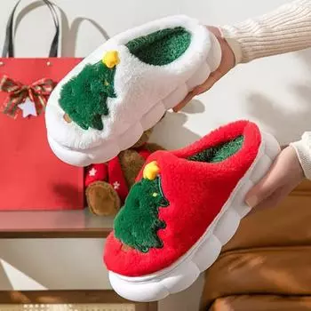 Fashion Cute Christmas Tree Women s Home Fluffy Slippers Cartoon Winter House Warm Shoes Designer Flat Casual New Year s Gift 36-37