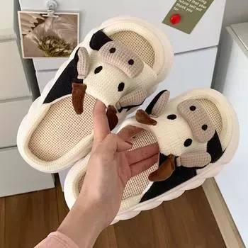 fashion Cute Fabric Cow Home Slippers, Open Toe Super Soft Sole Platform Shoes, Comfy Indoor Animal Slippers 36-37 белый