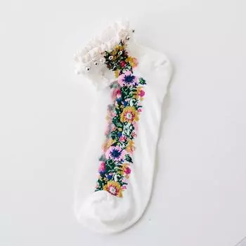 Fashion Cute Mesh Shallow Mouth Women Pearl Boat Socks Hosiery Embroidery Flowers Socks Short Socks