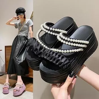 Fashion Cute Platform Sandals Women 2024 Summer Heightened Lightweight Slide Slippers Fashion String Bead Design Wedge Heels Sandalias 35 фиолетовый
