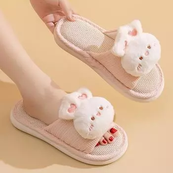Модные милые льняные тапочки с кроликом, женские нескользящие тапочки с мягкой подошвой, домашние тапочки для женщин, осенне-зимние хлопковые тапочки для спальни, женские 36-37