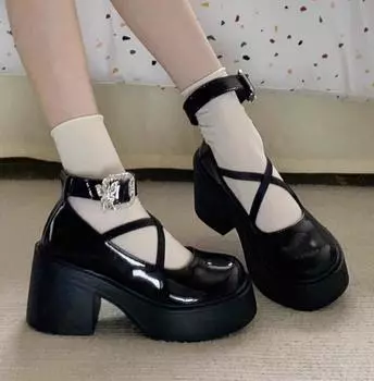 Fashion Cute Thick-heeled High-heeled Mini Leather Shoes Women s 2024 Spring Vintage Mary Jane Shoes Girl Platform JK uniform Shoes 35 бежевый