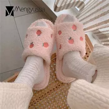 Fashion Cuter Embroider apple fur slippers women winter shoes woman sandalias girls indoor fleeces pantuflas warm cozy furry slides 6 бежевый