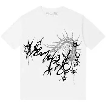 Fashion Dark Goth Fashion Brand T-shirt Subculture Oversize Pure Cotton round Neck Street Black Neutral Half Sleeve Fashion White S