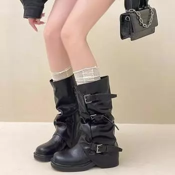 Fashion dark sweet cool soft-soled medium boots 2024 autumn and winter new pleated belt buckle thick heel thick-soled knight boots 35 чёрный