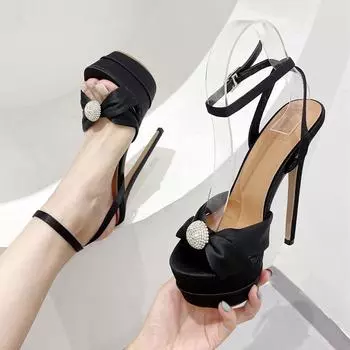 Fashion Deluxe High Heels Women s Sandals Sexy Peep Toe 16CM Pumps Banquet Party Shoes Crystal Decoration Buckle Strap Platform Sandals 35 чёрный