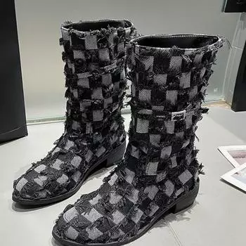 Fashion Denim Canvas Women s Boots 2024 Autumn New Fur Fabric Top Fashion Boots Platform Boots 2024 35 чёрный