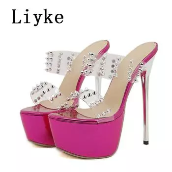Fashion Design Rivets PVC Transparent Shoes Women Sexy 16CM Slippers Summer Open Toe Super High Heels Platform Sandals 35 розы красного