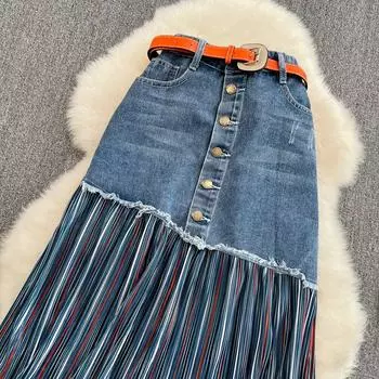 FASHION Design Sense Драпированная и универсальная шифоновая плиссированная джинсовая юбка на весну, тонкая и нестандартная юбка средней длины А-силуэта S синий